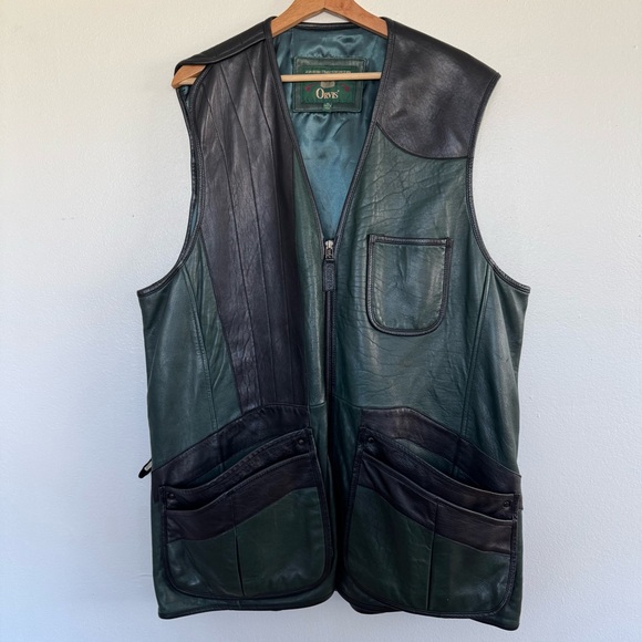 VTG Orvis Leather Outdoor Hunting Field Safari Vest Jacket Mens XL Green Black